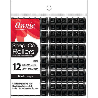 Annie Snap-On Rollers Size M 12Ct Black 1012 - ANNS BEAUTY SUPPLY